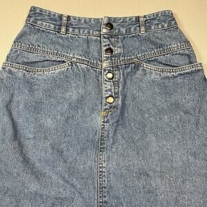 VTG Liz Claiborne Blue Denim Yoked Midi Flare Skirt Pockets Boho Modest Size 4